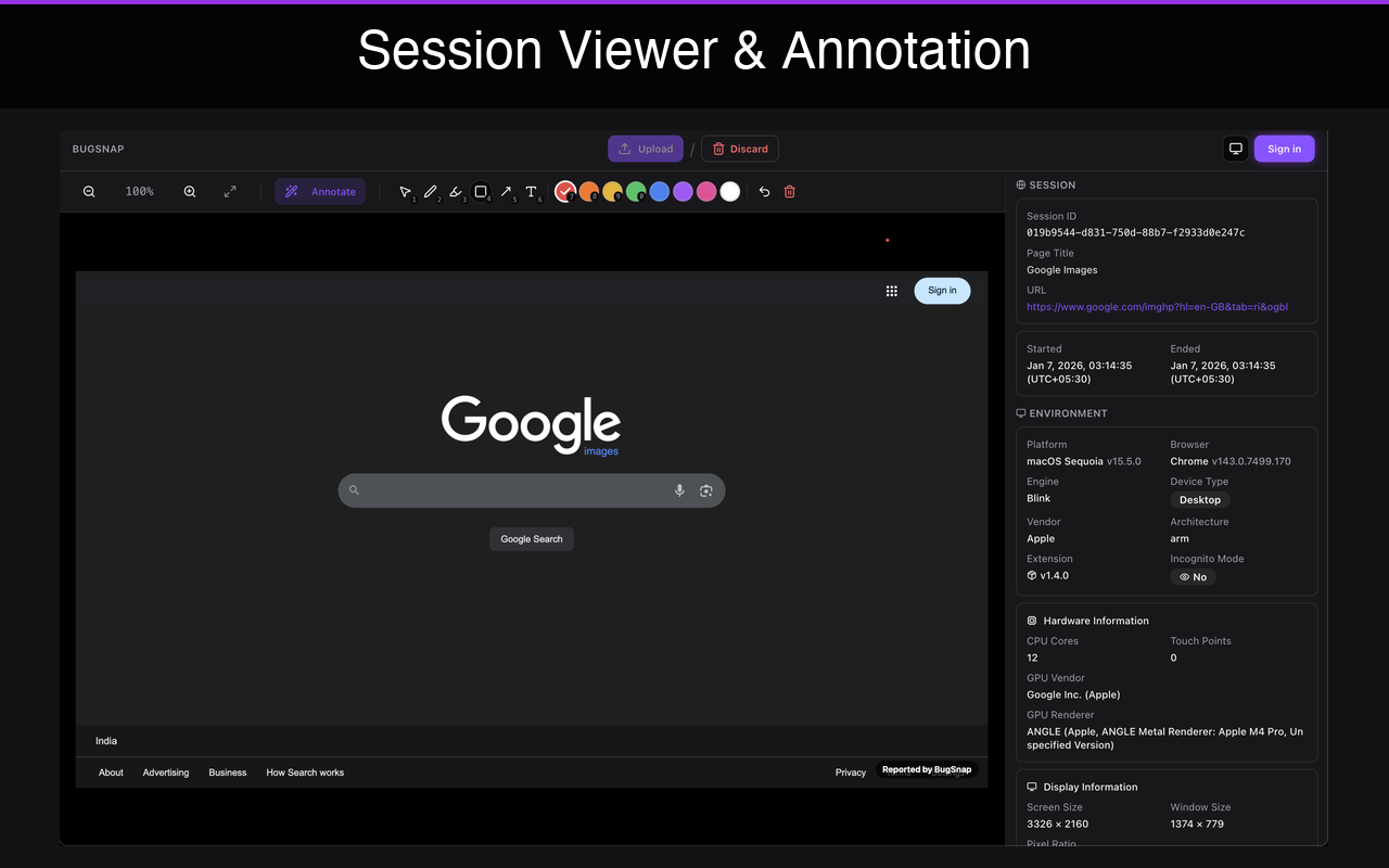 BugRepro session viewer showing captured bug report with reproduction steps, environment details, and console logs